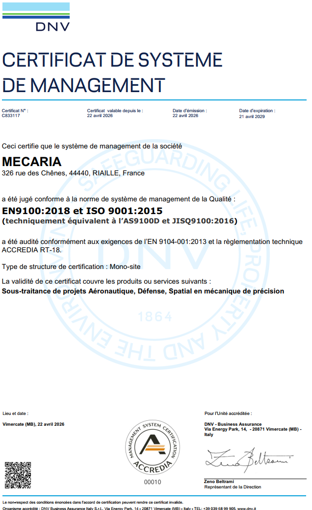 Cliquez pour télécharger le certificat PDF Certificat EN 9100:2018 et ISO 9001:2015 - MECARIA